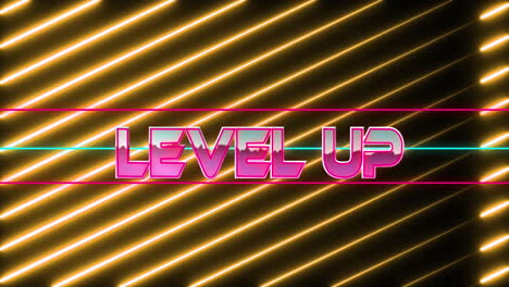 animation of level up text over neon banner against neon yellow light trails in seamless pattern