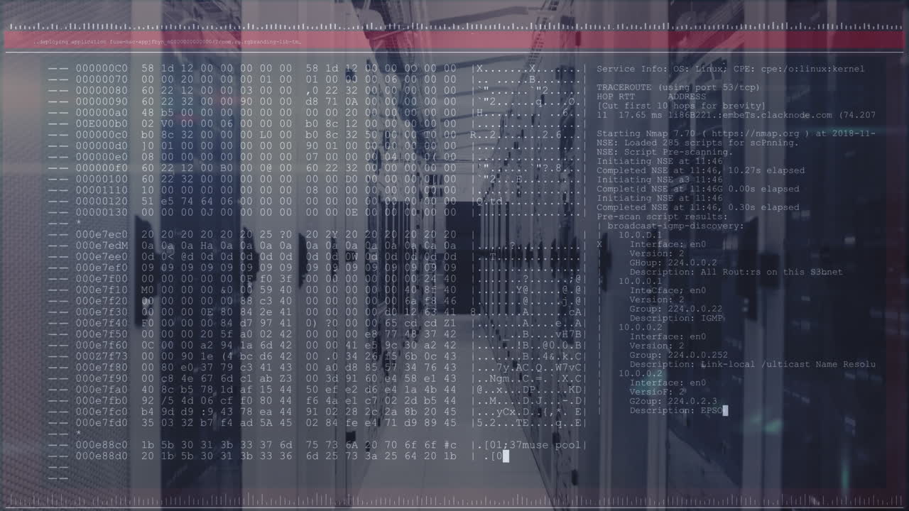Animation of data processing on computer screen tech room with computer servers