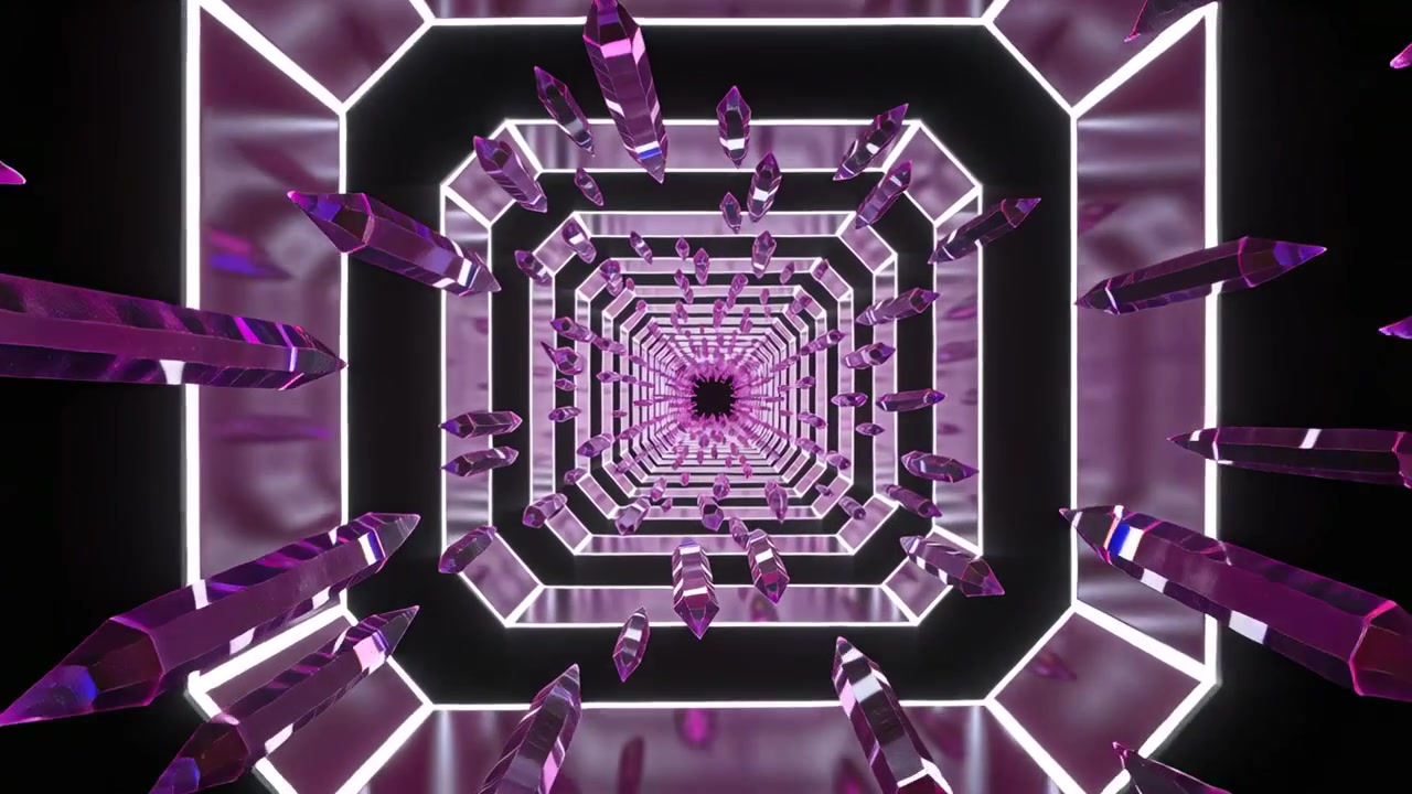 Advancing camera pushing purple prisms past viewer through CGI tunnel, neon frames revealing void