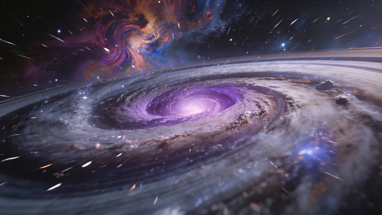 Galassia a spirale che scivola, mostra bracci a spirale polverosi al bordo dello spazio profondo, con un nucleo viola e una nebulosa.
