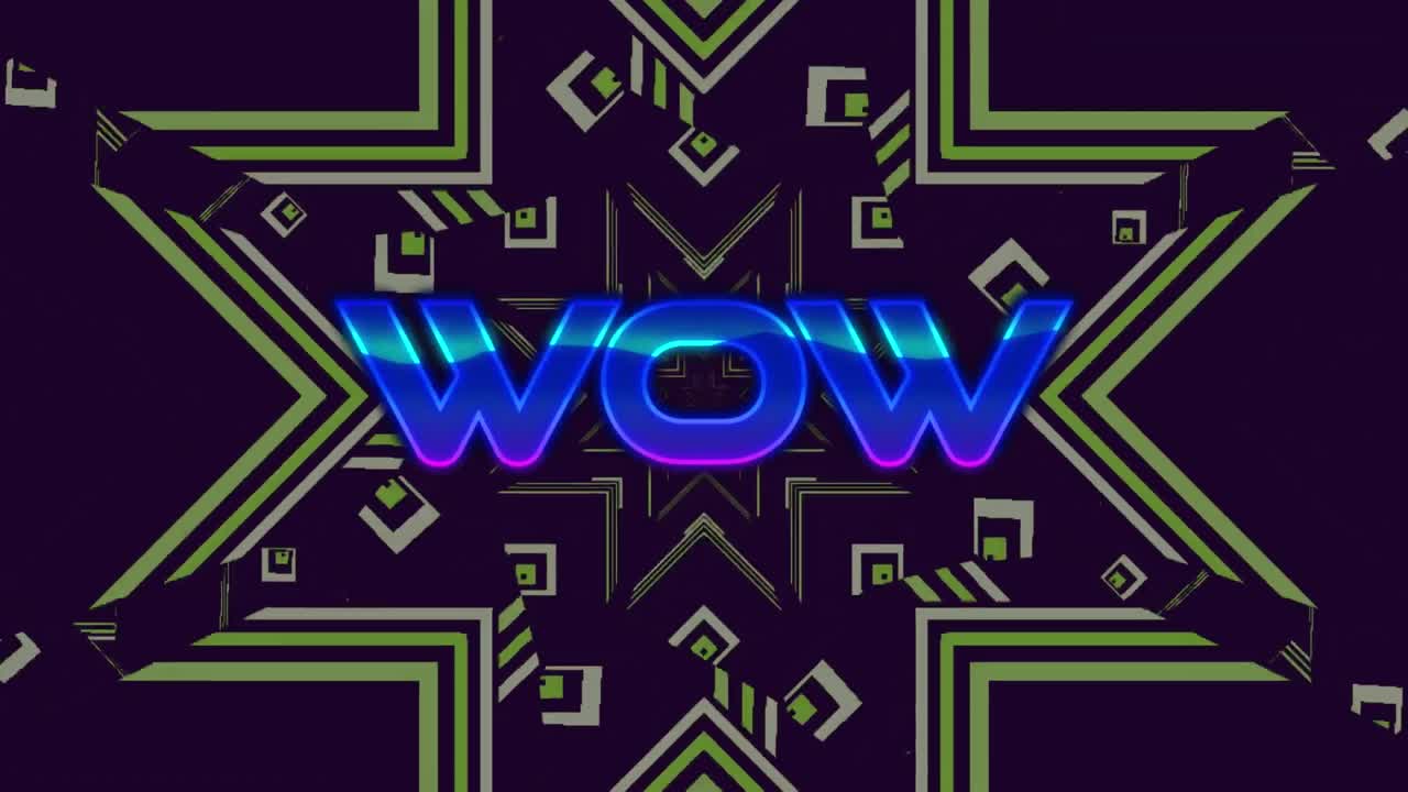 暗い背景の緑色のカレイドスコピックな形状を動かすワウテキストのアニメーション