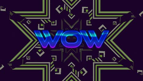 Animation-of-wow-text-over-moving-green-kaleidoscopic-shapes-on-dark-background