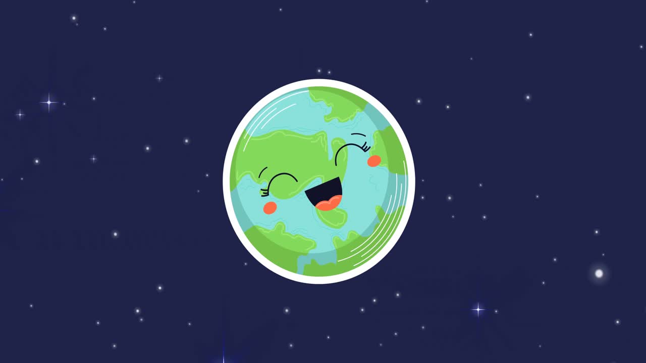 animación del universo con el planeta tierra sonriente y las estrellas en el cielo azul