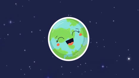 Animation-of-universe-with-smiling-planet-earth-and-stars-on-blue-sky