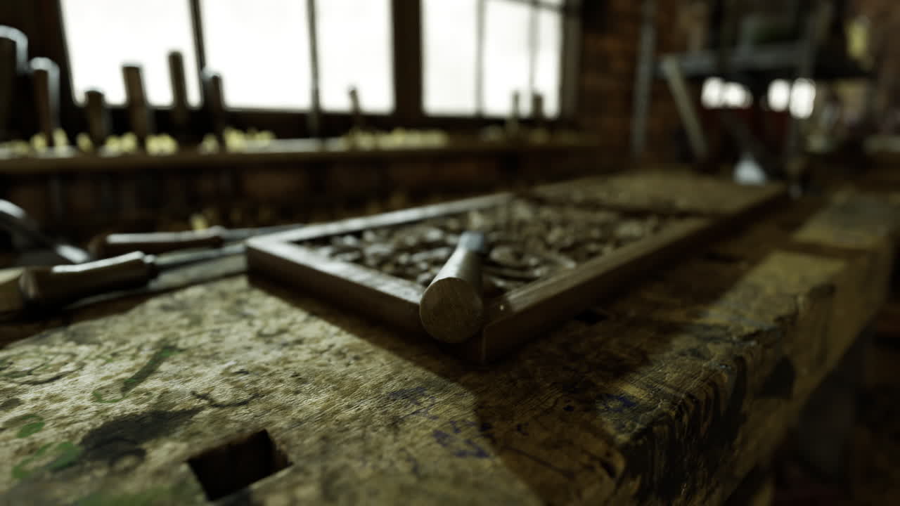 Crafting tools and wooden bench in a vintage workshop filled with sunlight