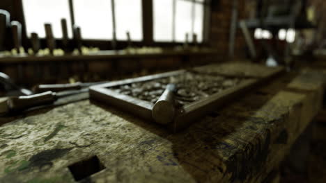 crafting tools and wooden bench in a vintage workshop filled with sunlight