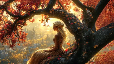 woman sitting on tree branch surrounded by autumn leaves