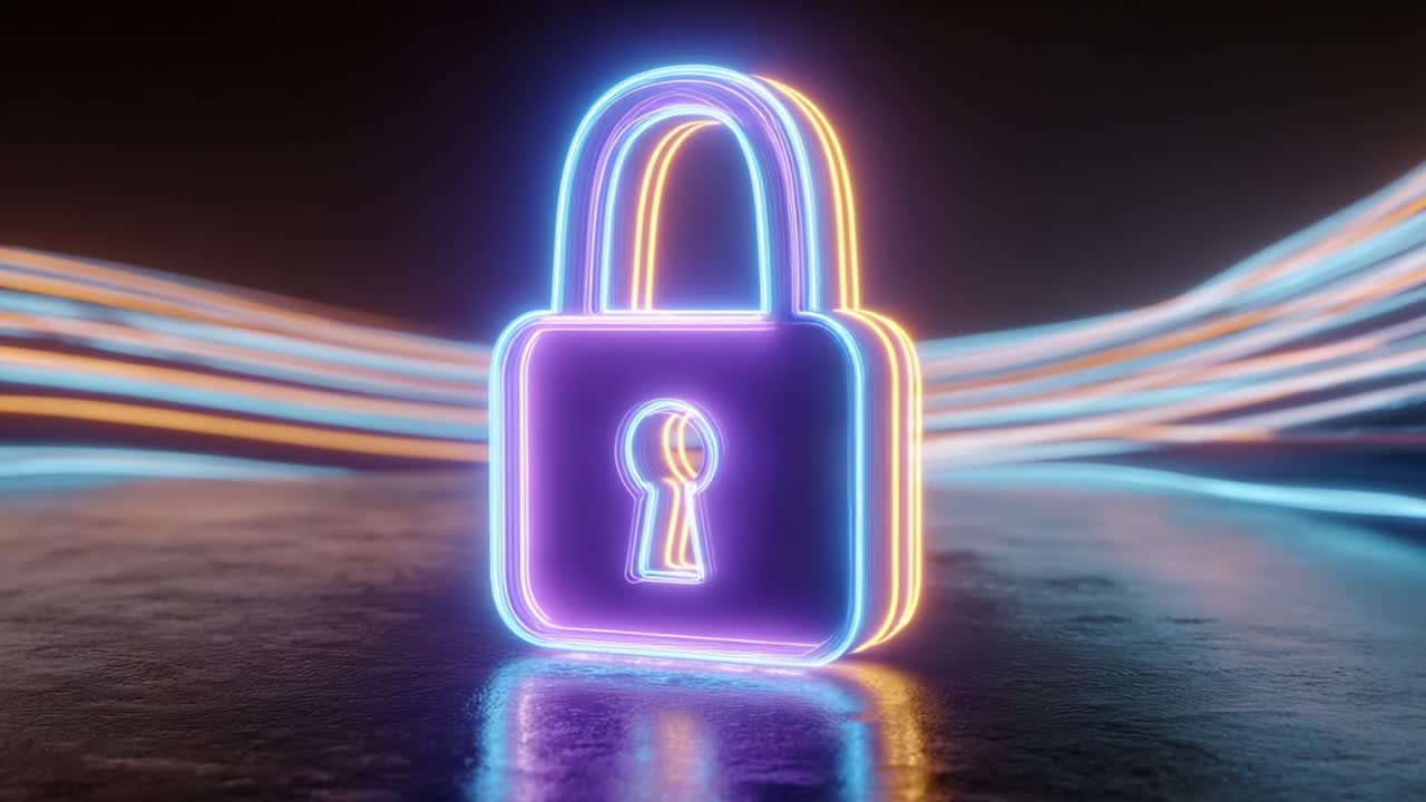 A Futuristic Neon Lock Icon Surrounded by Colorful Light Trails, Symbolizing Security and Protection in a Digital World with High-Tech Aesthetics and Modern Design