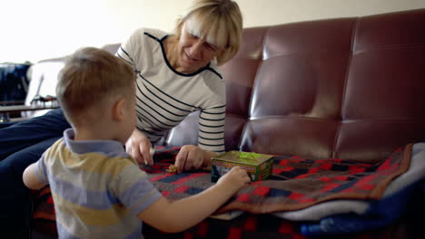 Grandmother-and-grandson-playing-with-toy-animals-at-home