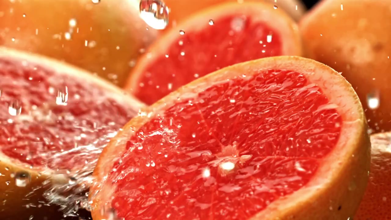 Forfriskende vanndråper som faller på livlige røde grapefruktskiver