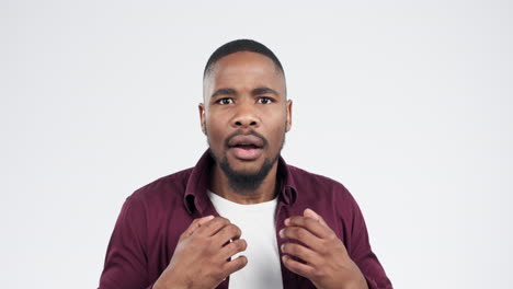 fear, face and a black man with a reaction