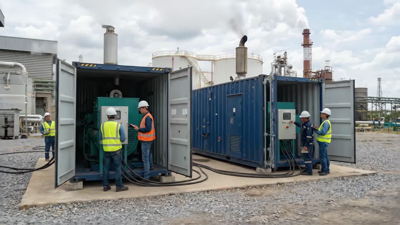 Ingegneri che ispezionano e utilizzano generatori industriali in una centrale elettrica
