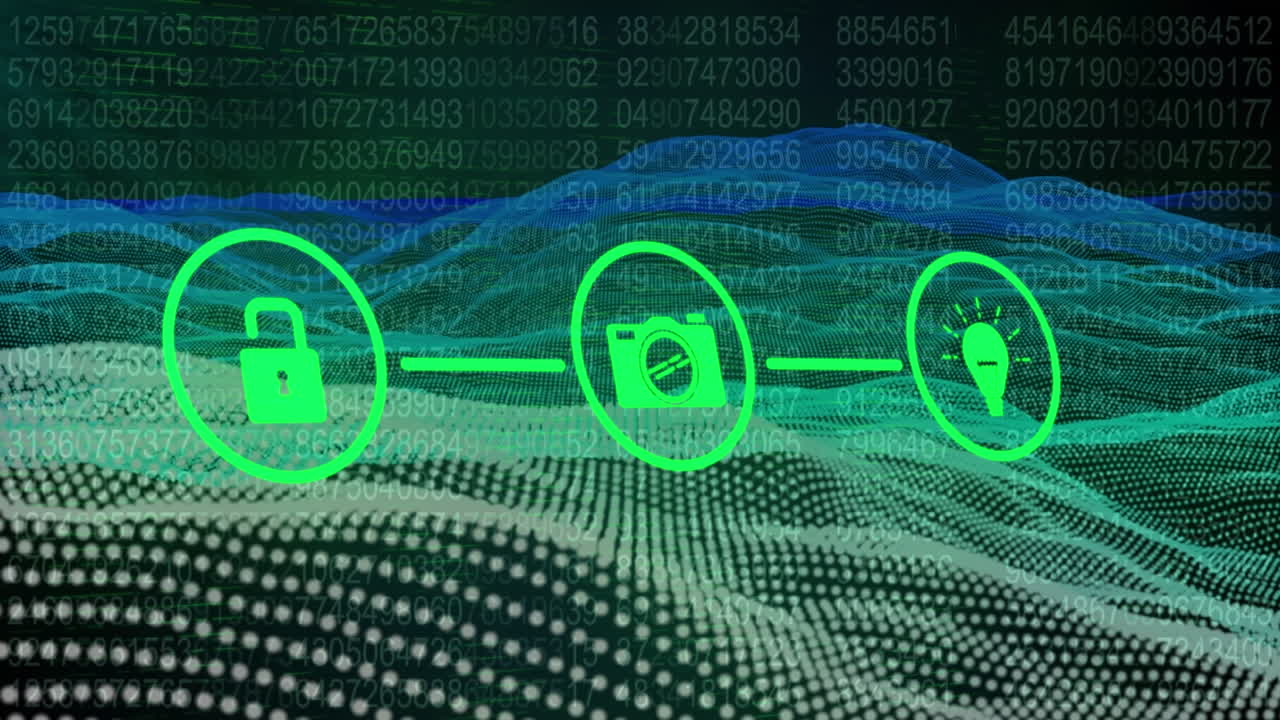 Animation of waves with data processing and icons over black background