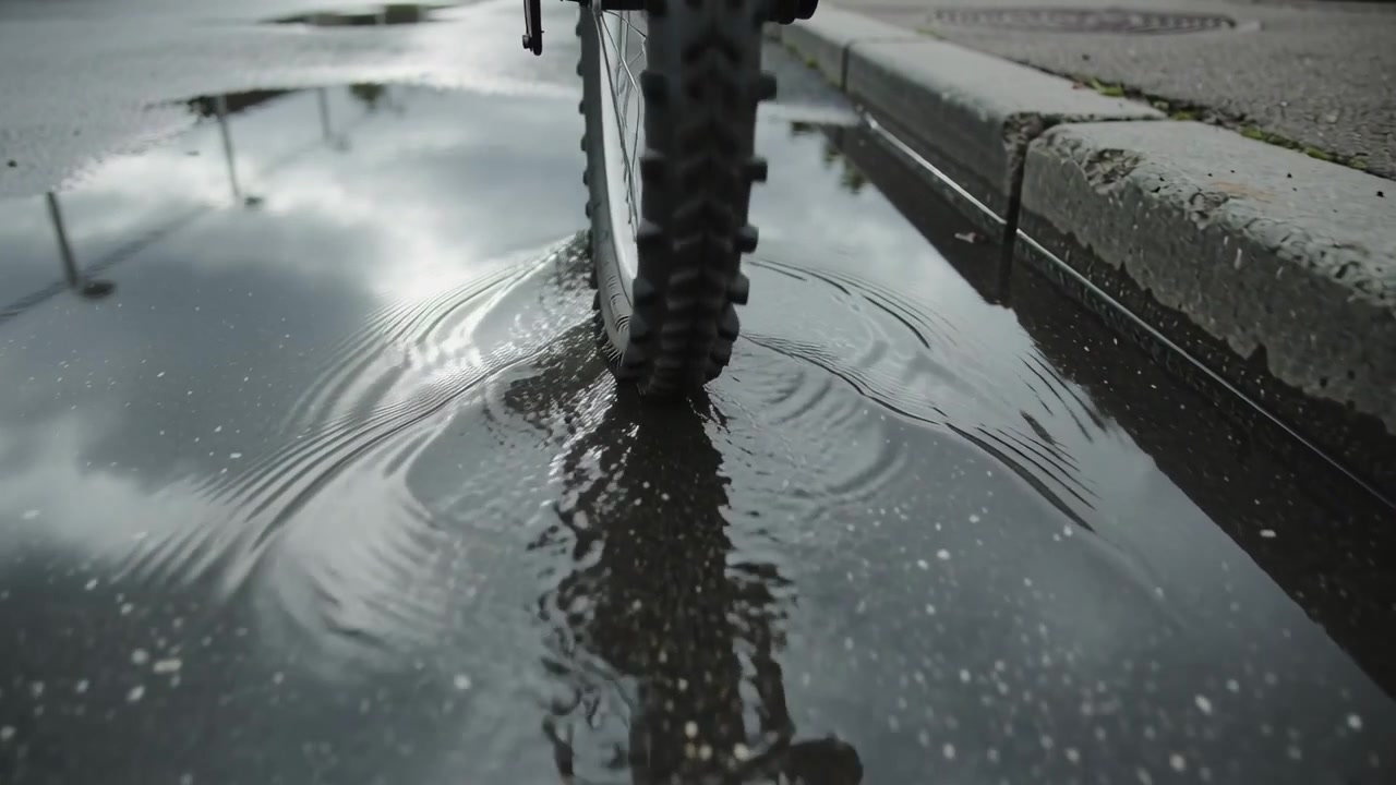 Contacting bicycle front wheel displacing puddle water while rolling past camera, showing curb edge