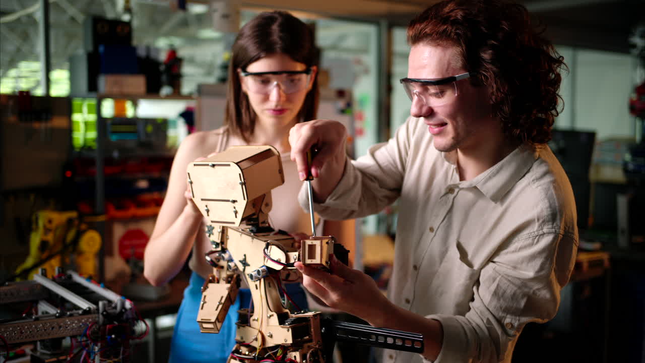 Two young engineers fixing a mechanical robot in the workshop