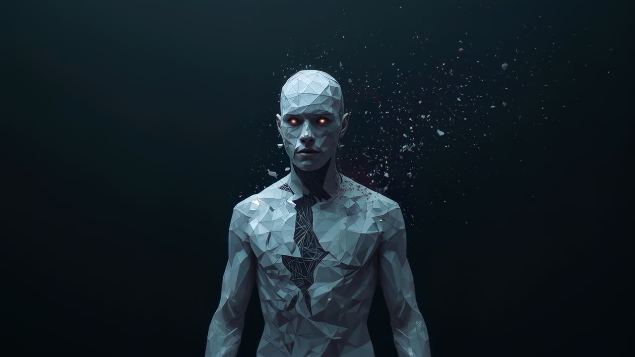 Humanoide facetado de pie que pierde fragmentos de la parte derecha del torso en un vacío oscuro, ojos rojos que revelan una fisura