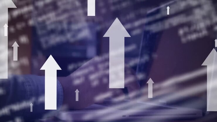 Animation of arrows and data processing over man using laptop