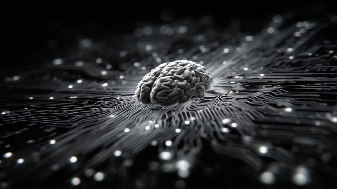 A captivating exploration of the intersection between human cognition and technology, showcasing a brain set against a backdrop of intricate circuitry and glowing connections