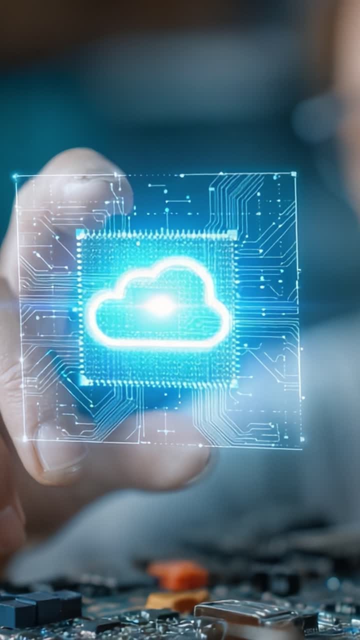 Un individuo che interagisce con un'interfaccia cloud virtuale su una scheda elettronica, evidenziando le innovazioni nel cloud computing e nella tecnologia digitale.