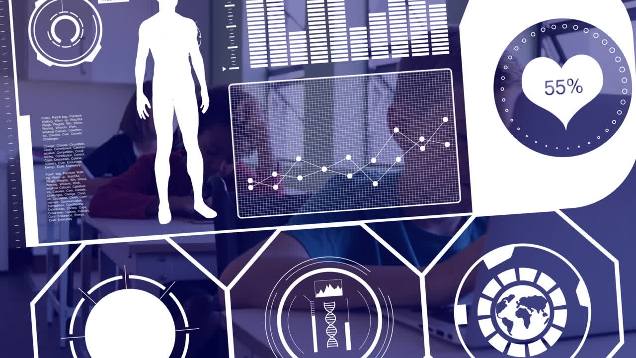 학교에서 노트북을 사용하는 백인 소년에 대한 데이터 처리와 디지털 인터페이스