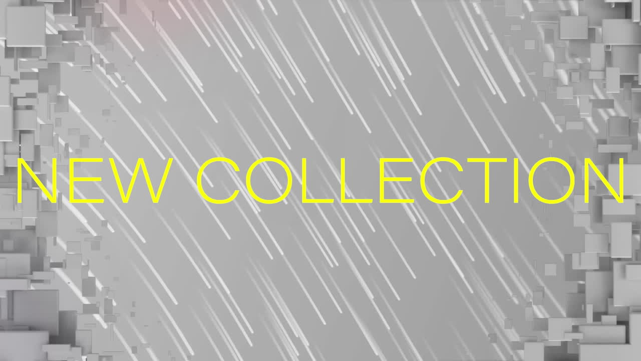 Animation of new collection text banner over abstract 3d shapes and light trails on grey background