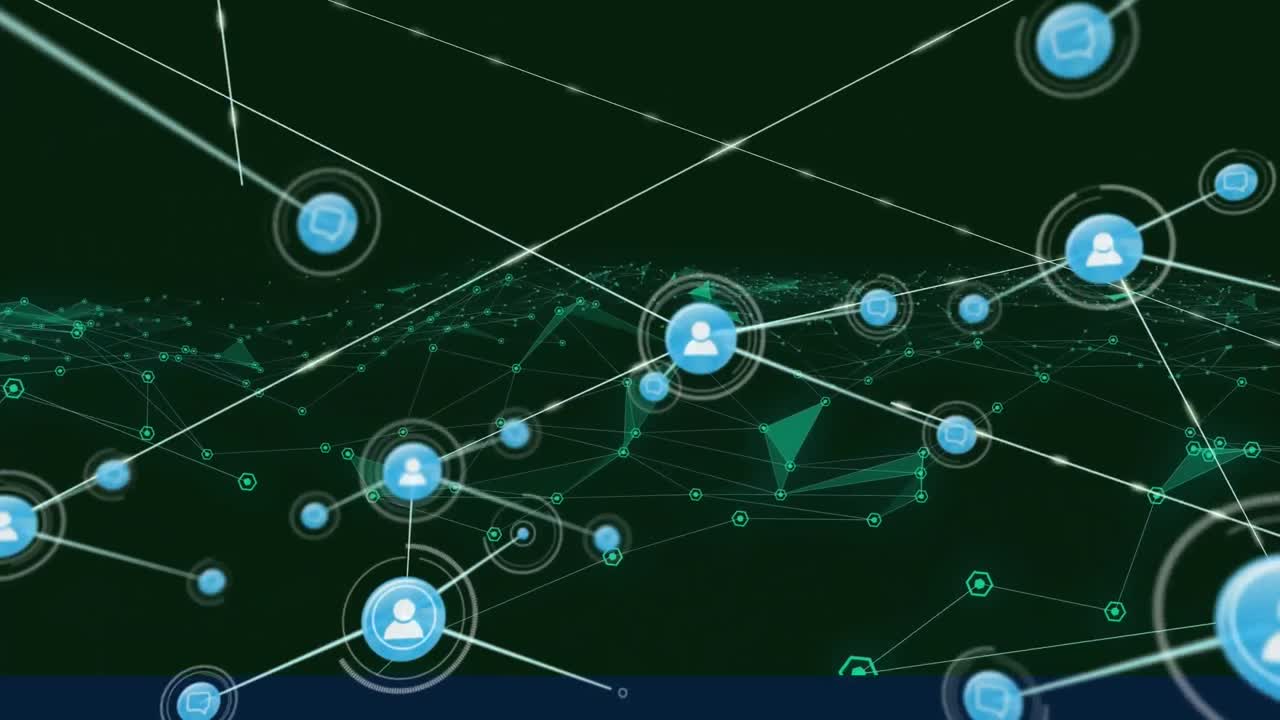 Animation of network of connections with people icons over glowing green triangles