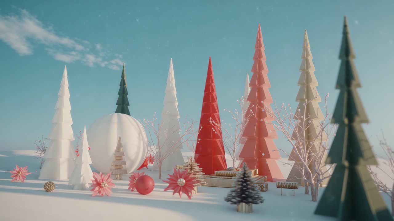 Viewpoint shifting across snowy plain, revealing pastel cone trees, white sphere, twig sculptures