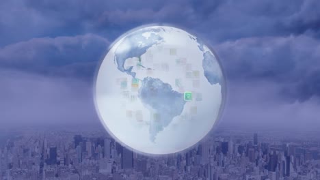 animación del procesamiento de datos con el globo sobre el paisaje urbano