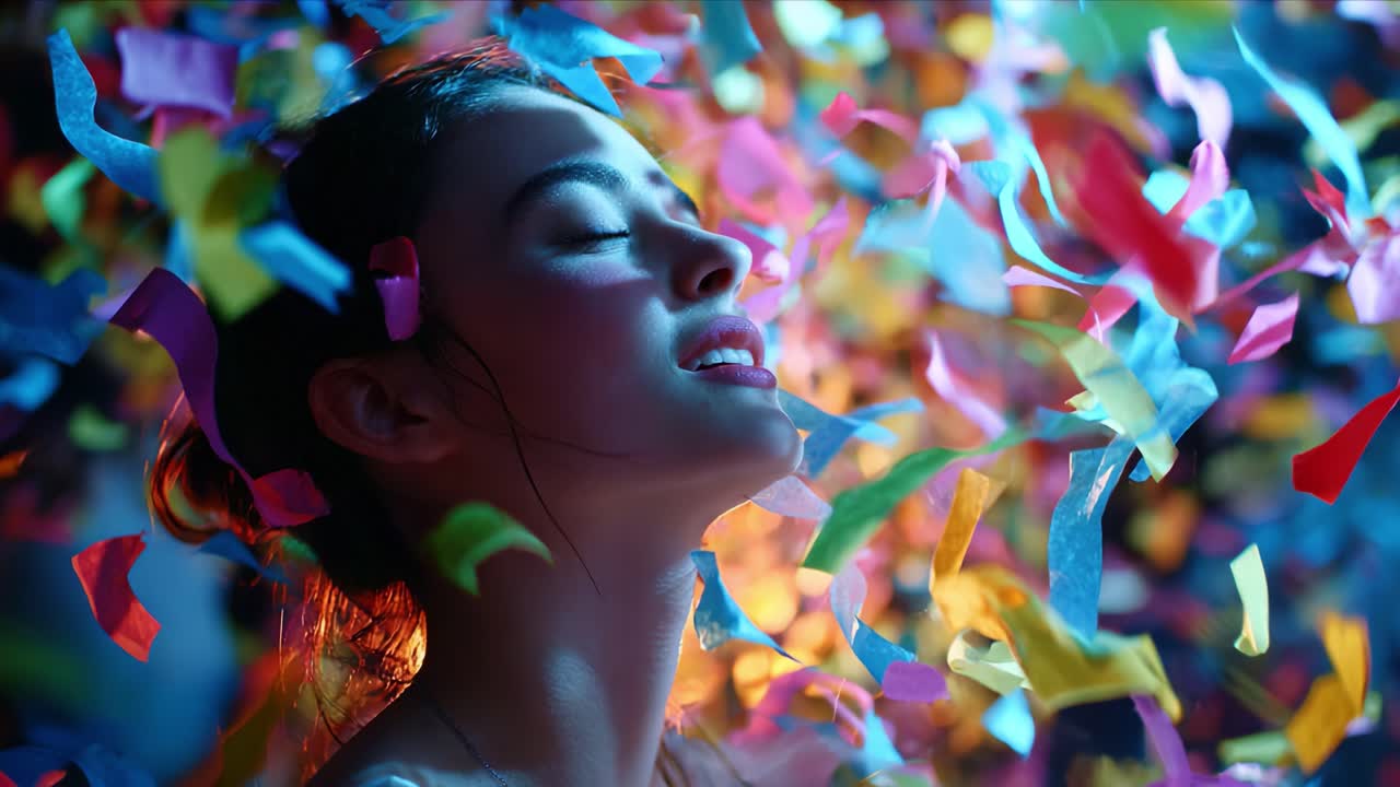 A woman revels in the colorful cascade of confetti, her face illuminated by vibrant hues, as she experiences a moment of pure joy and celebration amidst a whimsical atmosphere