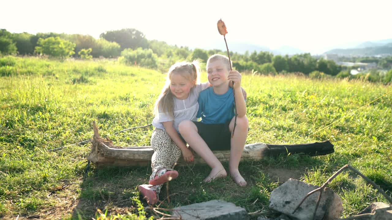 동생이 동생을 안고 대화를 나누는 동안 나무 위에 앉아 캠프 불 위에 소시지를 고 있습니다. 행복한 가족 또는 야외 피크닉 활동 개념 이미지.