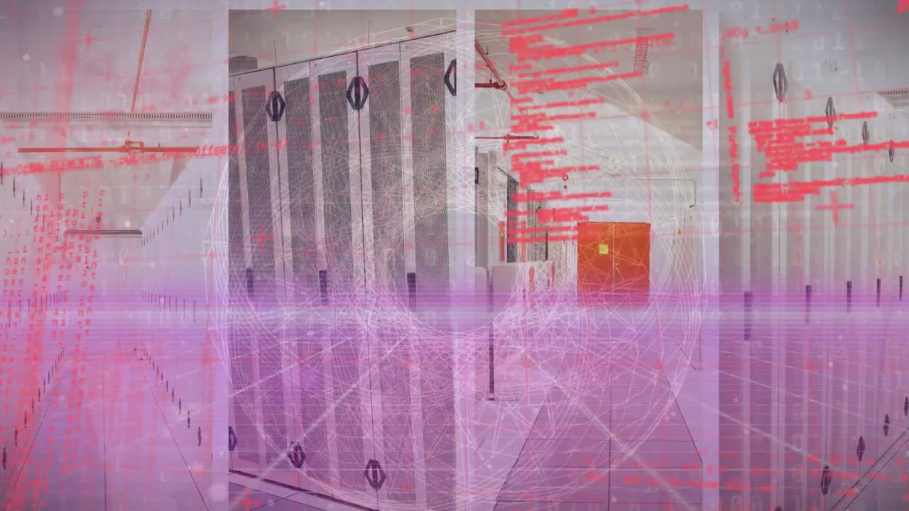 Animation of data processing over globe of network of connections against computer server room