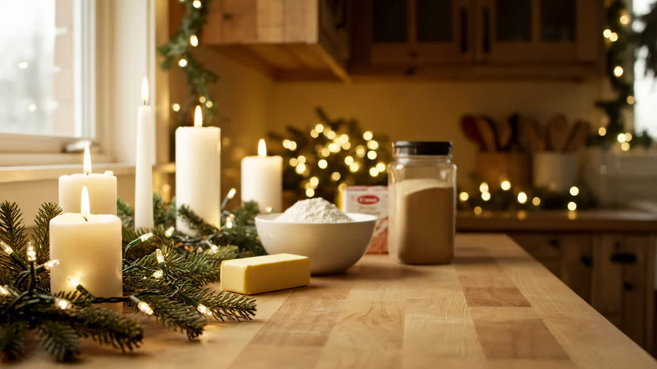 Late-night dough in warm kitchen. Hands mix dough in a white bowl surrounded by festive candles and warm lights on a wooden table