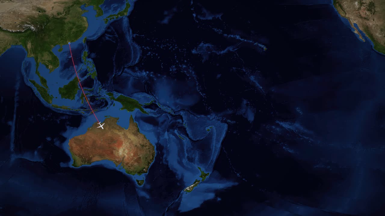 Un'icona di aeroplano viaggia lungo una linea rossa da Hong Kong a Melbourne, Australia.