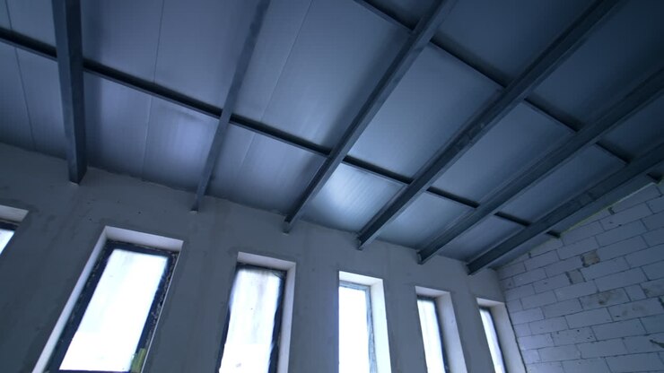 Design moderno del soffitto in cantiere. La costruzione inizia su un edificio contemporaneo con eleganti travi a soffitto e grandi finestre che lasciano entrare la luce naturale