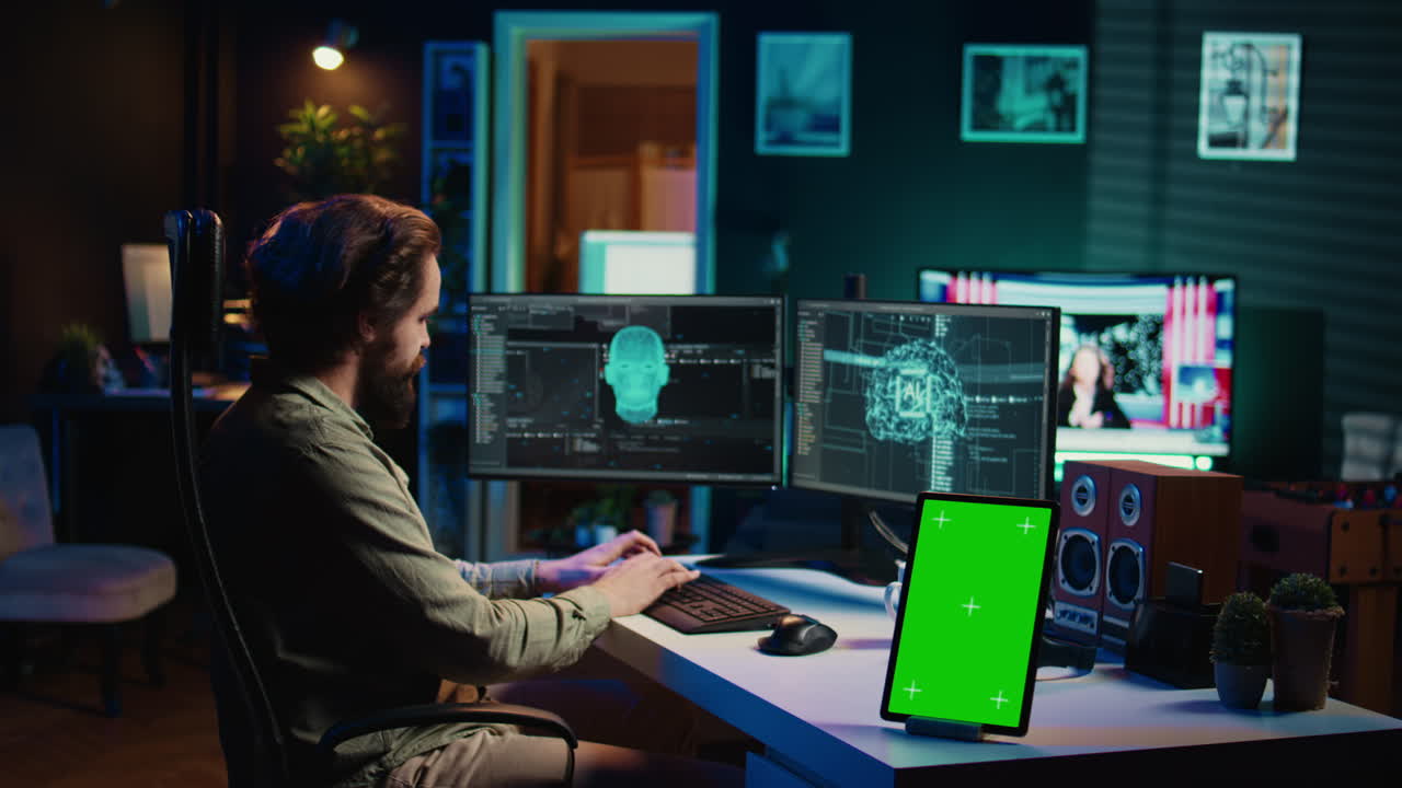 Focus on mockup tablet next to programmer updating artificial intelligence