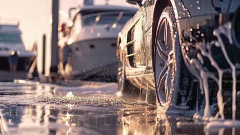 luxury car and yacht at marina at sunrise/sunset