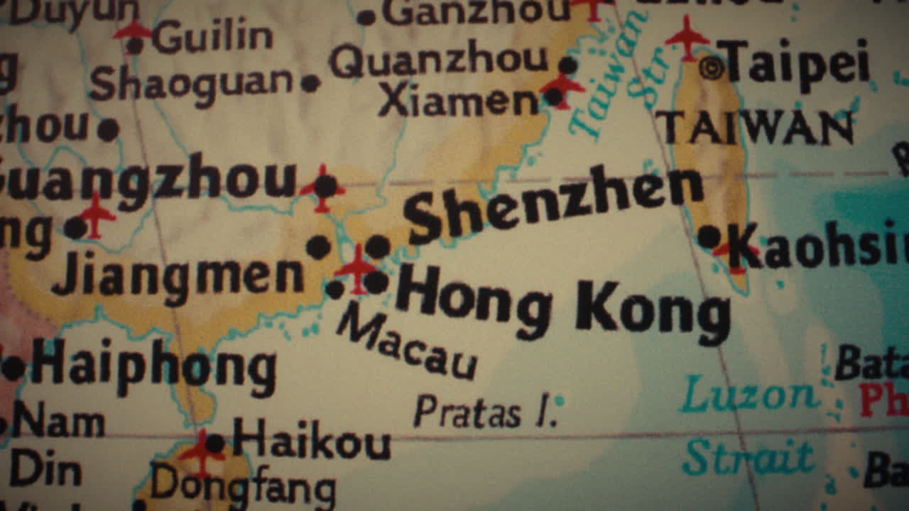 A close-up view of a map showing Hong Kong, Shenzhen, Taiwan, and surrounding areas