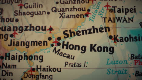 a close-up view of a map showing hong kong, shenzhen, taiwan, and surrounding areas