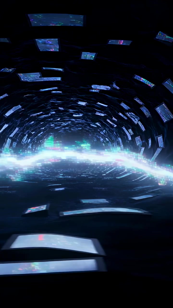 Video verticale: La telecamera si muove in un tunnel di dati rotante, rivelando un nastro luminoso e schermi fluttuanti.
