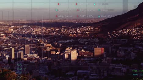 animación del procesamiento de datos financieros sobre el paisaje urbano