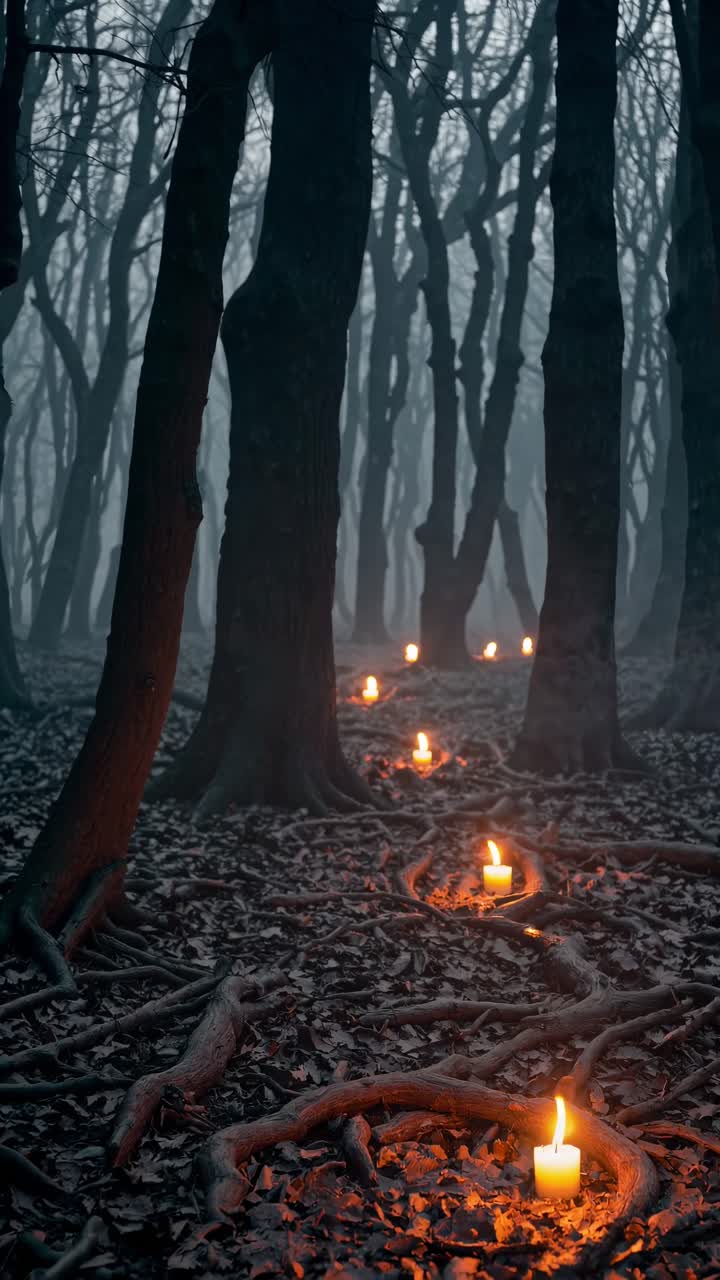 Mystisk sti i en tåkete skog om natten