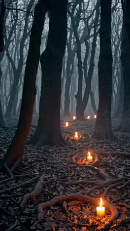 camino misterioso en un bosque de niebla por la noche