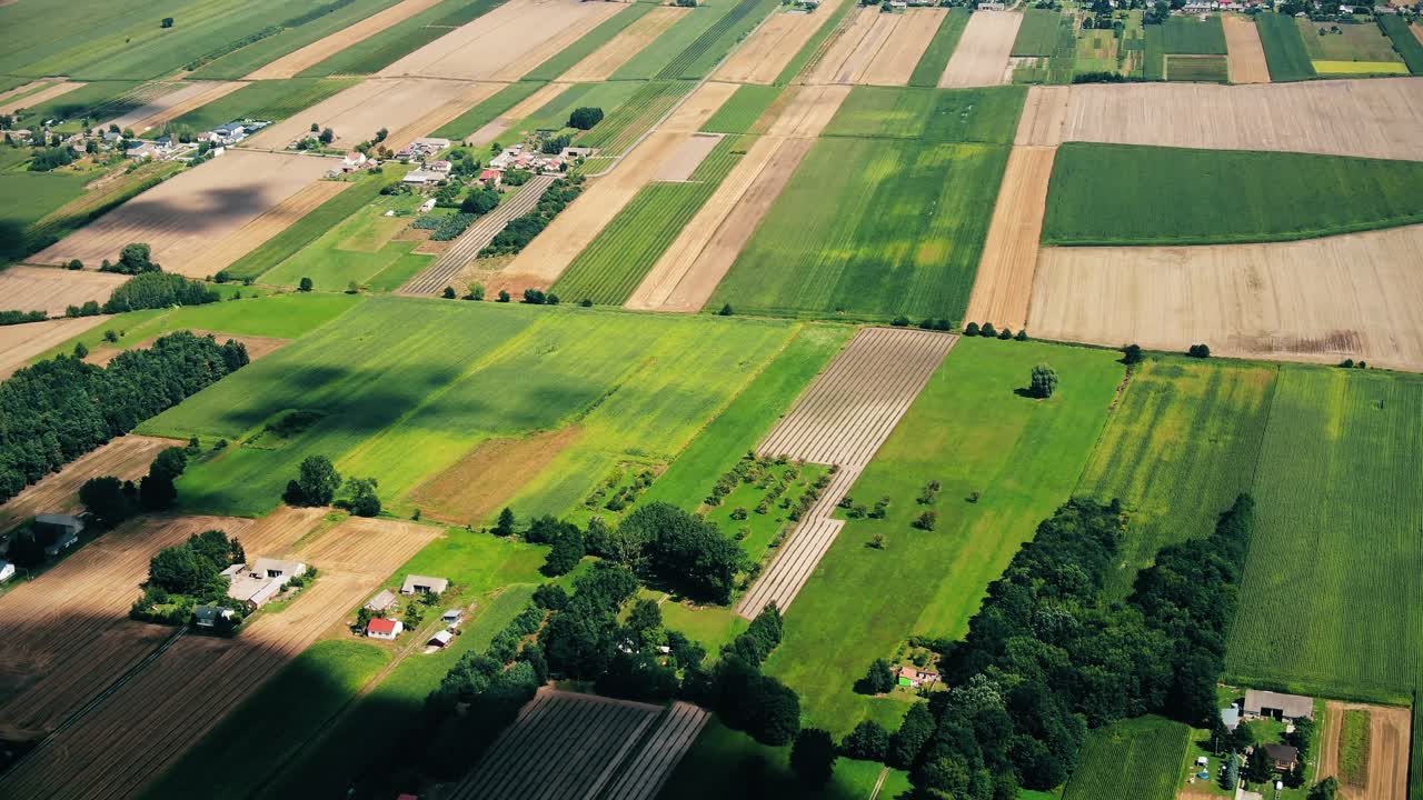 Aerial view of green fields and sun in the sky