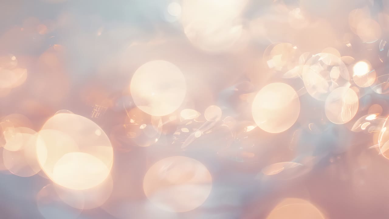 Drifting soft bokeh circles and light orbs sliding across pastel backdrop, frames causing sparkles