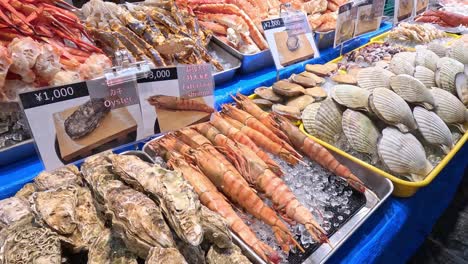 various seafood items for sale at market.