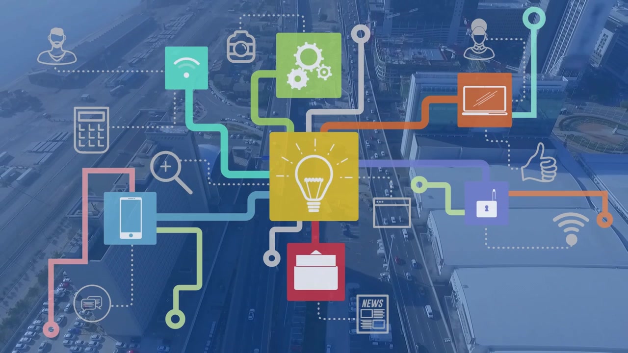Animation of network of connections with icons and delivery padlock over computer circuit board