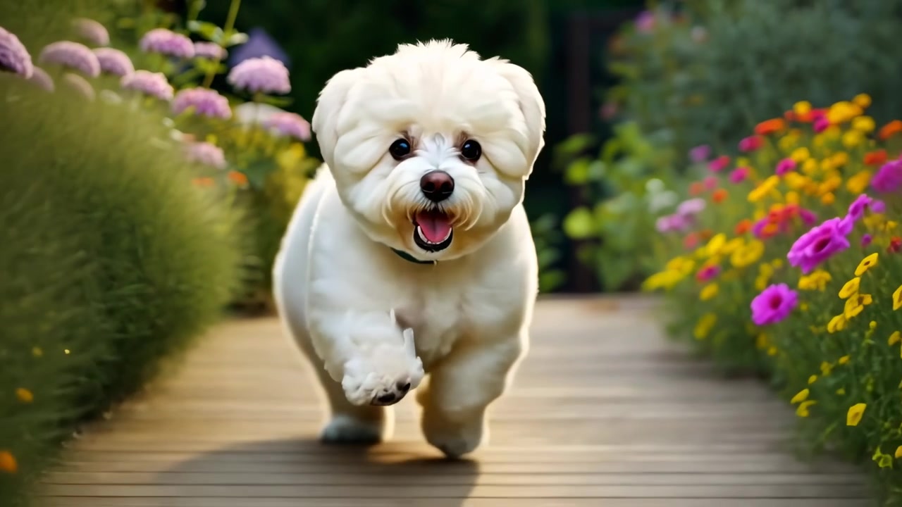 Cute White Puppy Running on Wooden Path in Flower Garden