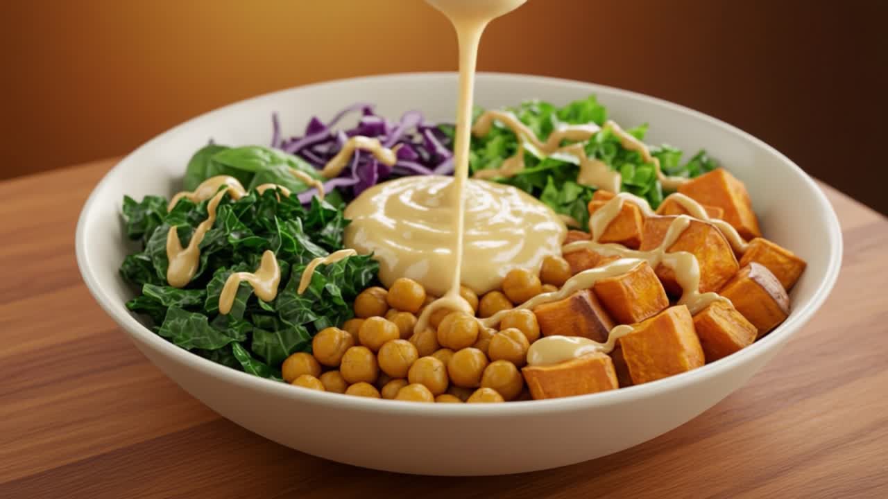 Vibrant and Nutritious Bowl of Fresh Ingredients with Chickpeas, Greens, Sweet Potatoes, and Creamy Drizzle for a Healthy Meal Option