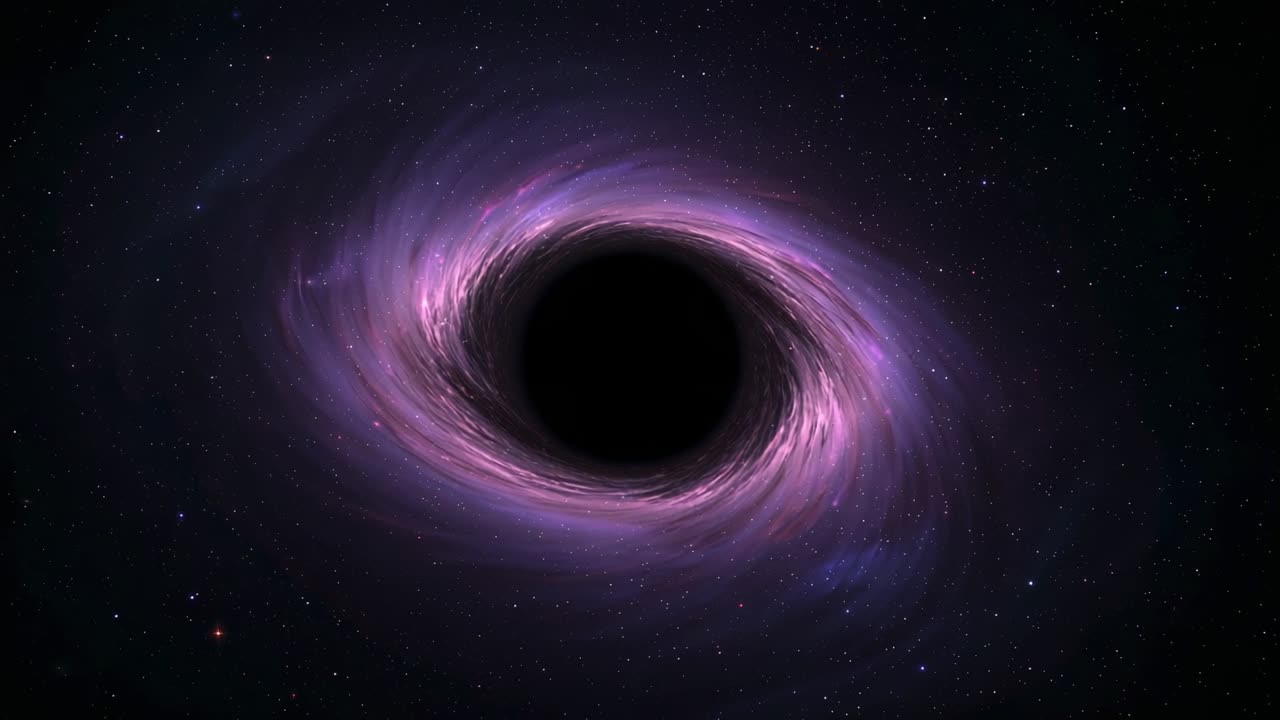 Orbiting purple accretion disk swirling around central black hole in deep space, due to gravity