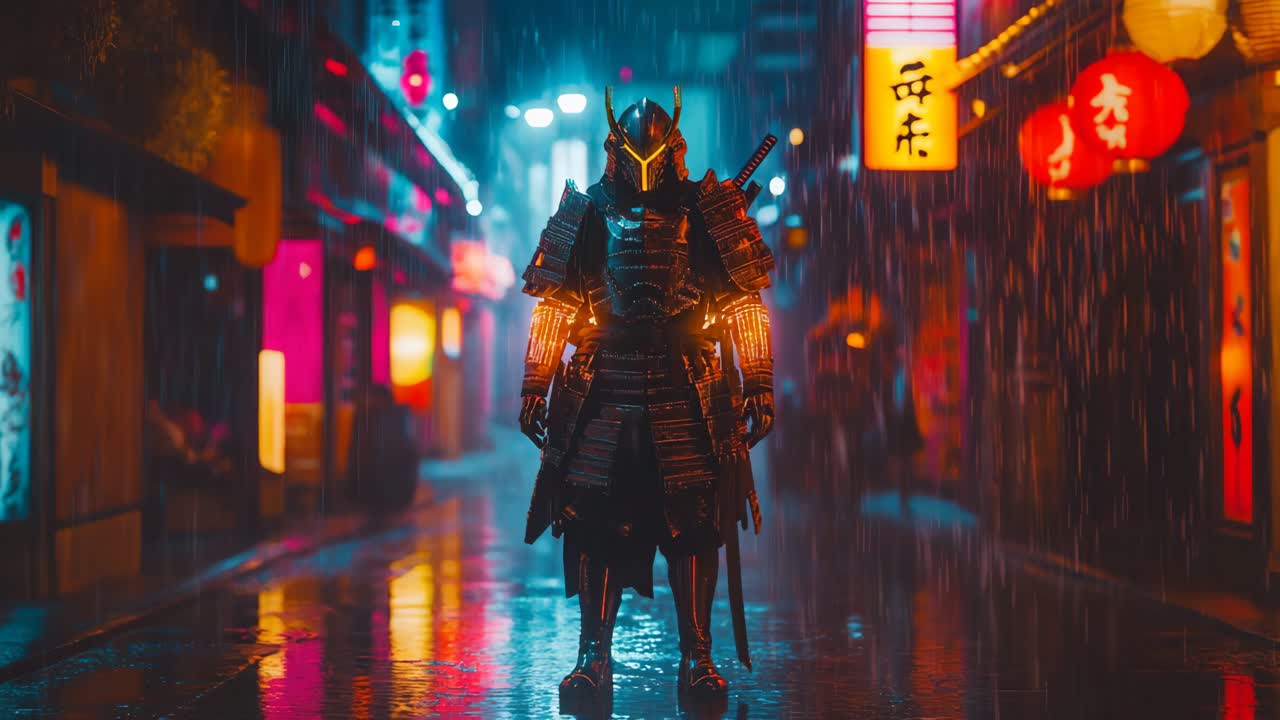 Cyberpunk Samurai in a Rainy Night Street